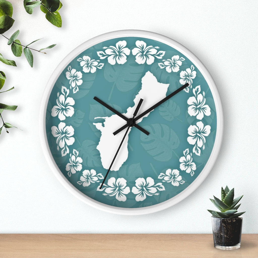Guam Shape Teal Hibiscus Wall Clock