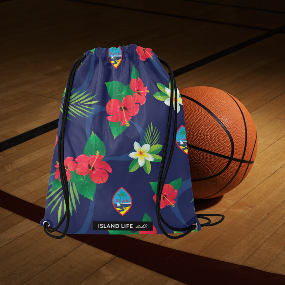 Guam Flag Flowers Large Drawstring Bag