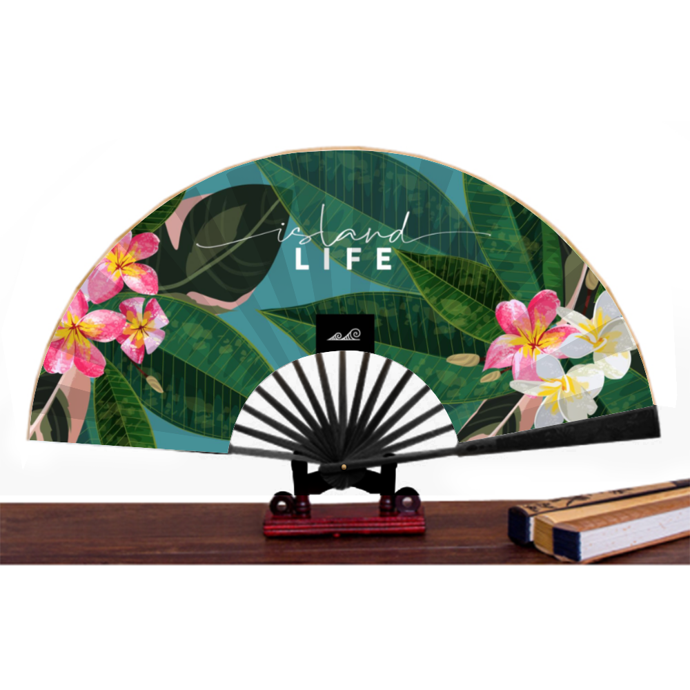 Plumeria Island Life Guam CNMI Spun Silk Folding Fan