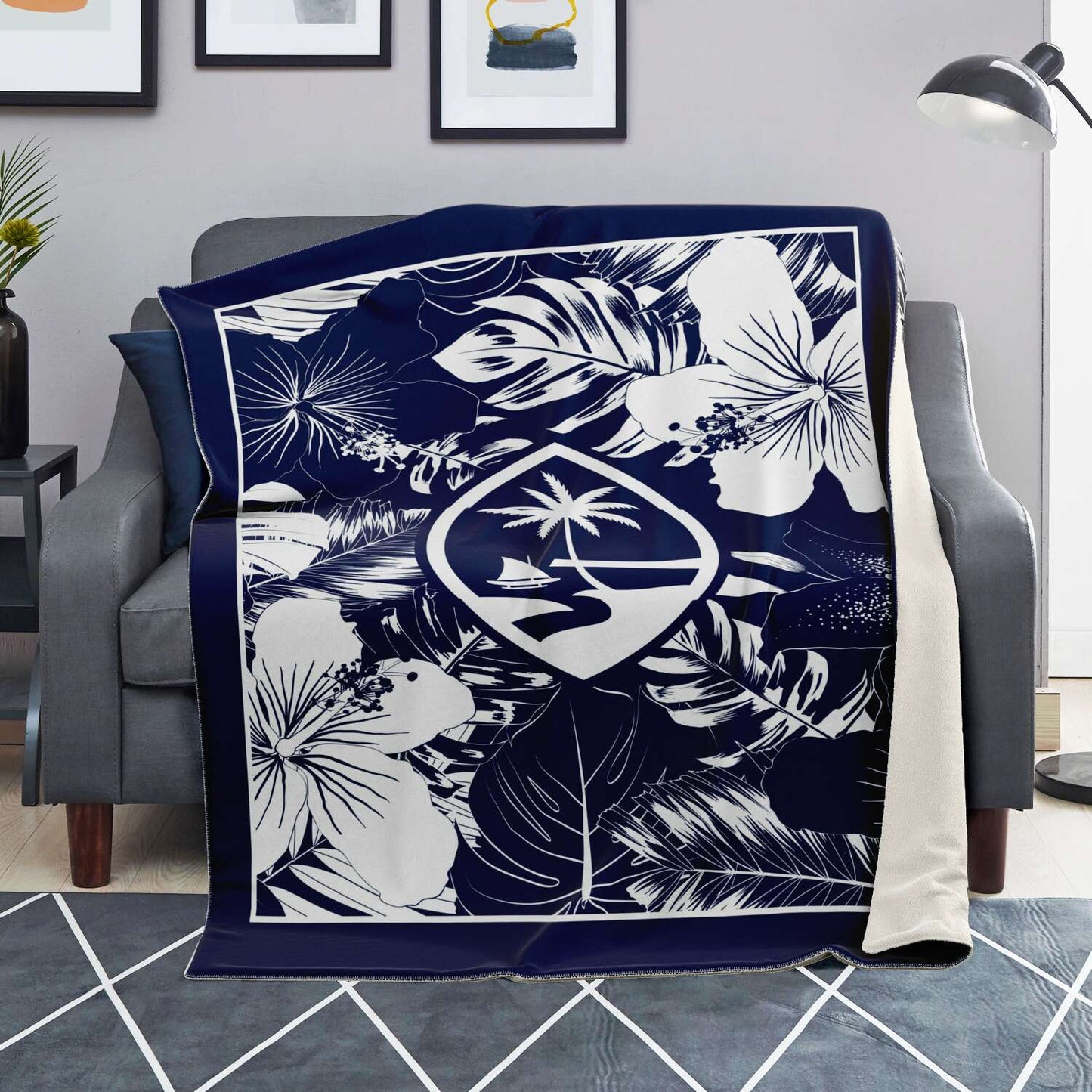 Guam Hibiscus Navy Blue Microfleece Blanket