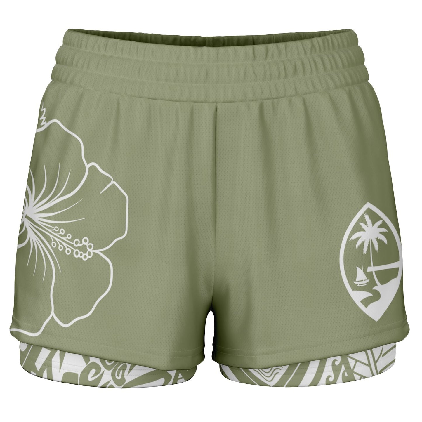 Guam Green Modern Hibiscus Layer 2-in-1 Phone Pocket Active Shorts