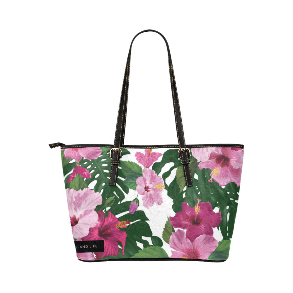 Guam CNMI Hibiscus Fuchsia Large Leather Tote Purse