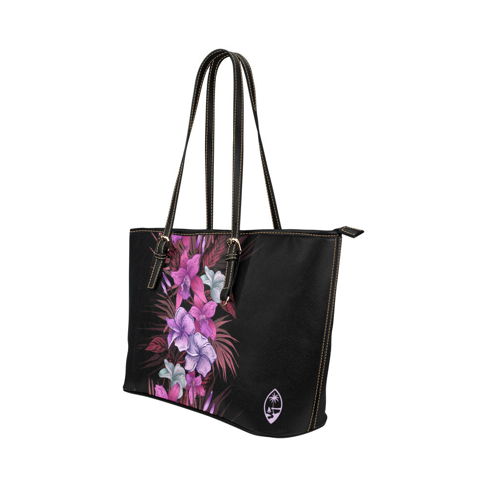 Guam Vintage Purple Hibiscus Medium Leather Tote Purse