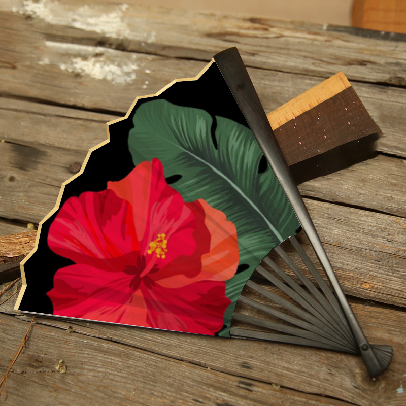 Guam Hibiscus Paradise Black Spun Silk Folding Fan