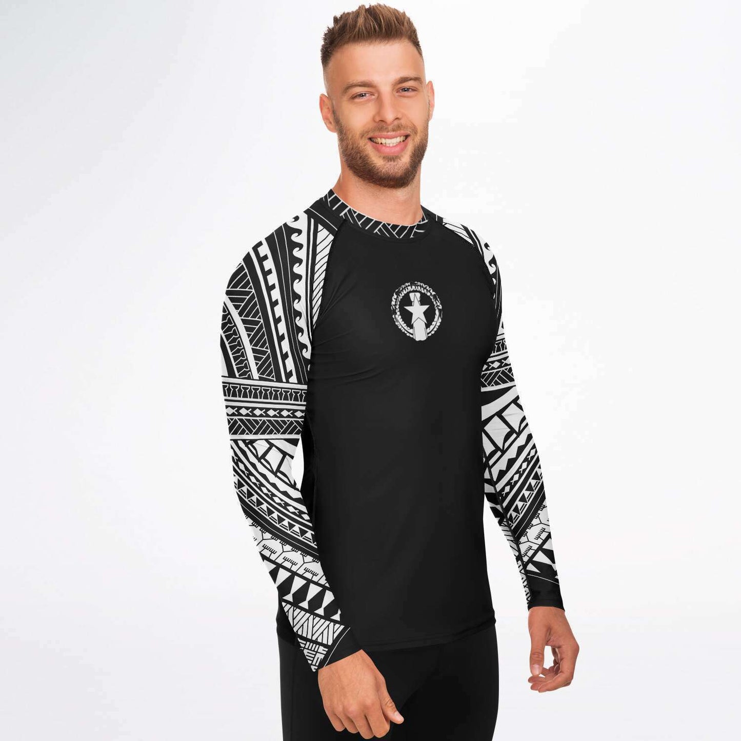 CNMI Tribal Men's Black White Rashguard