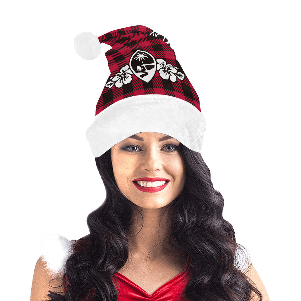 Guam Hibiscus Buffalo Plaid Santa Hat