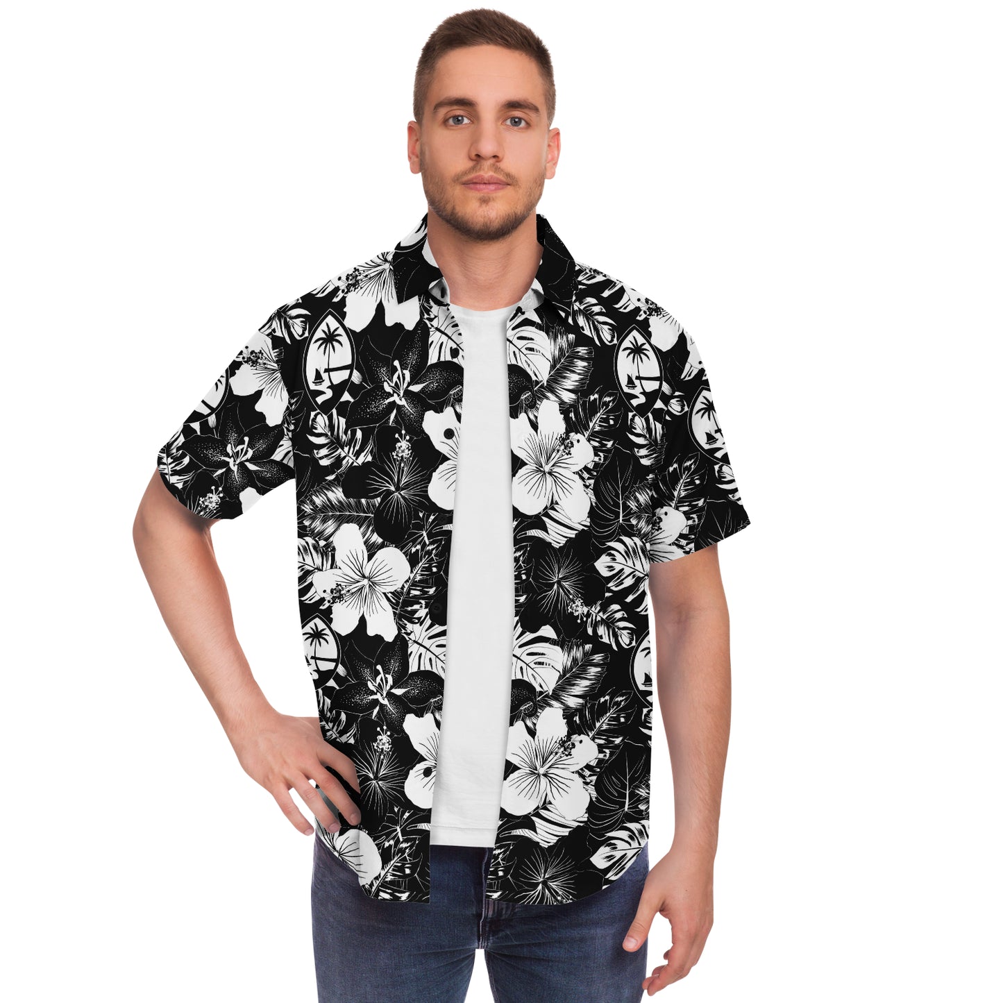 Guam Black Hibiscus Button Down Shirt Size Medium - Ready to Ship