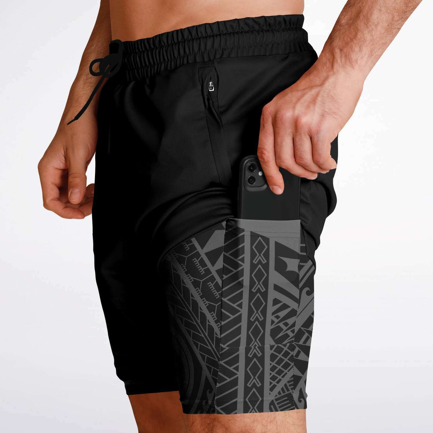 Guam Tribal Layer Black 2-in-1 Phone Pocket Active Shorts