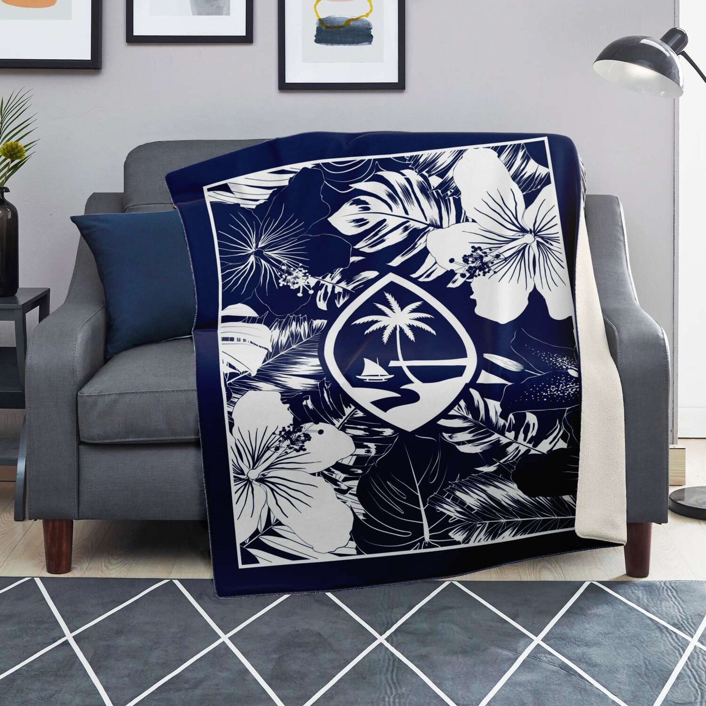 Guam Hibiscus Navy Blue Microfleece Blanket