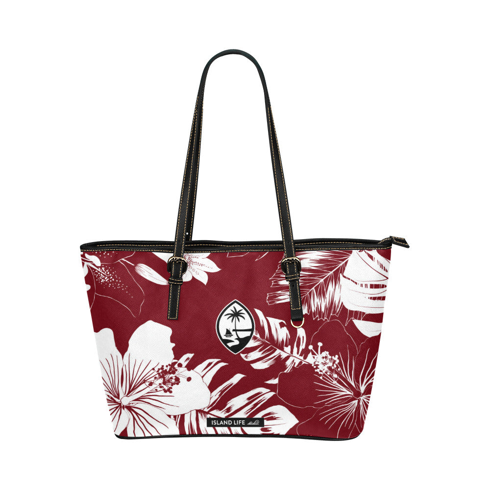 Guam Hibiscus Floral Dark Red Medium Leather Tote Purse