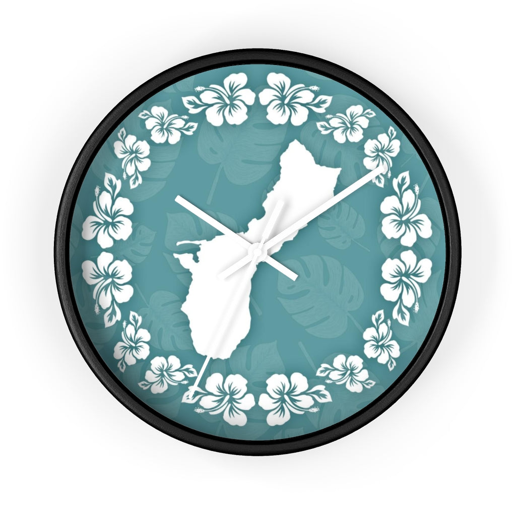 Guam Shape Teal Hibiscus Wall Clock