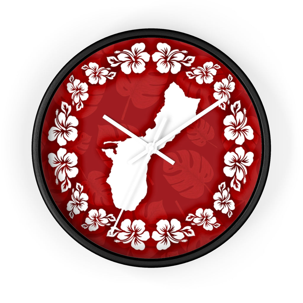 Guam Shape Red Hibiscus Wall Clock