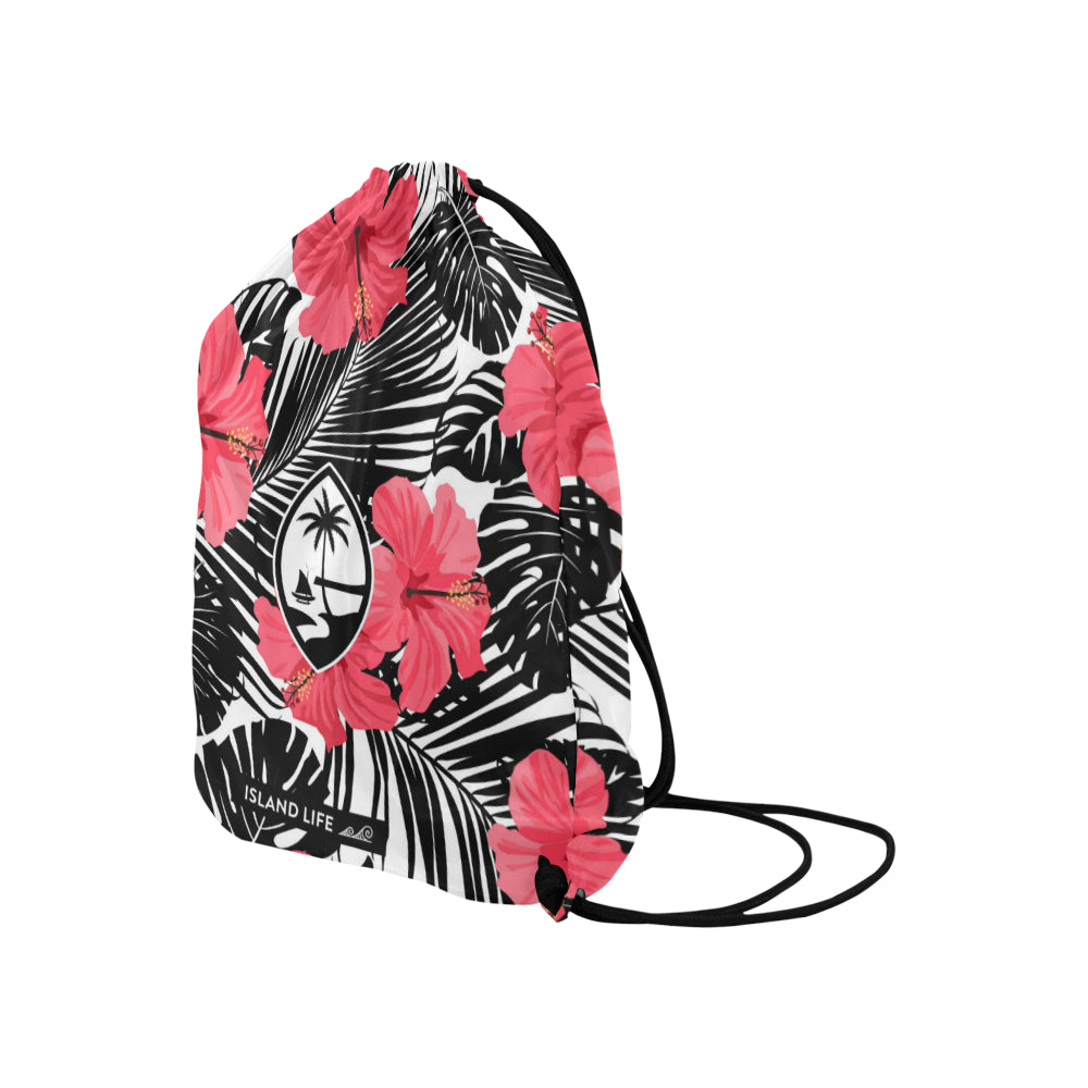 Guam Pink Black Hibiscus Large Drawstring Bag