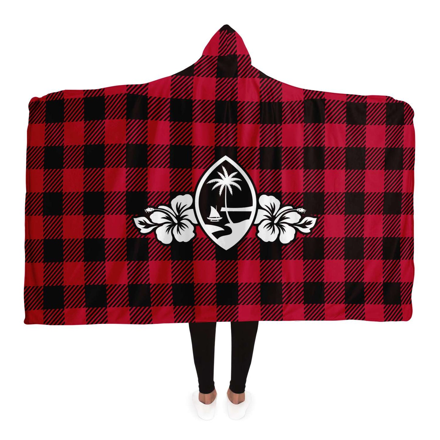Guam Hibiscus Buffalo Plaid Premium Sherpa Hooded Blanket