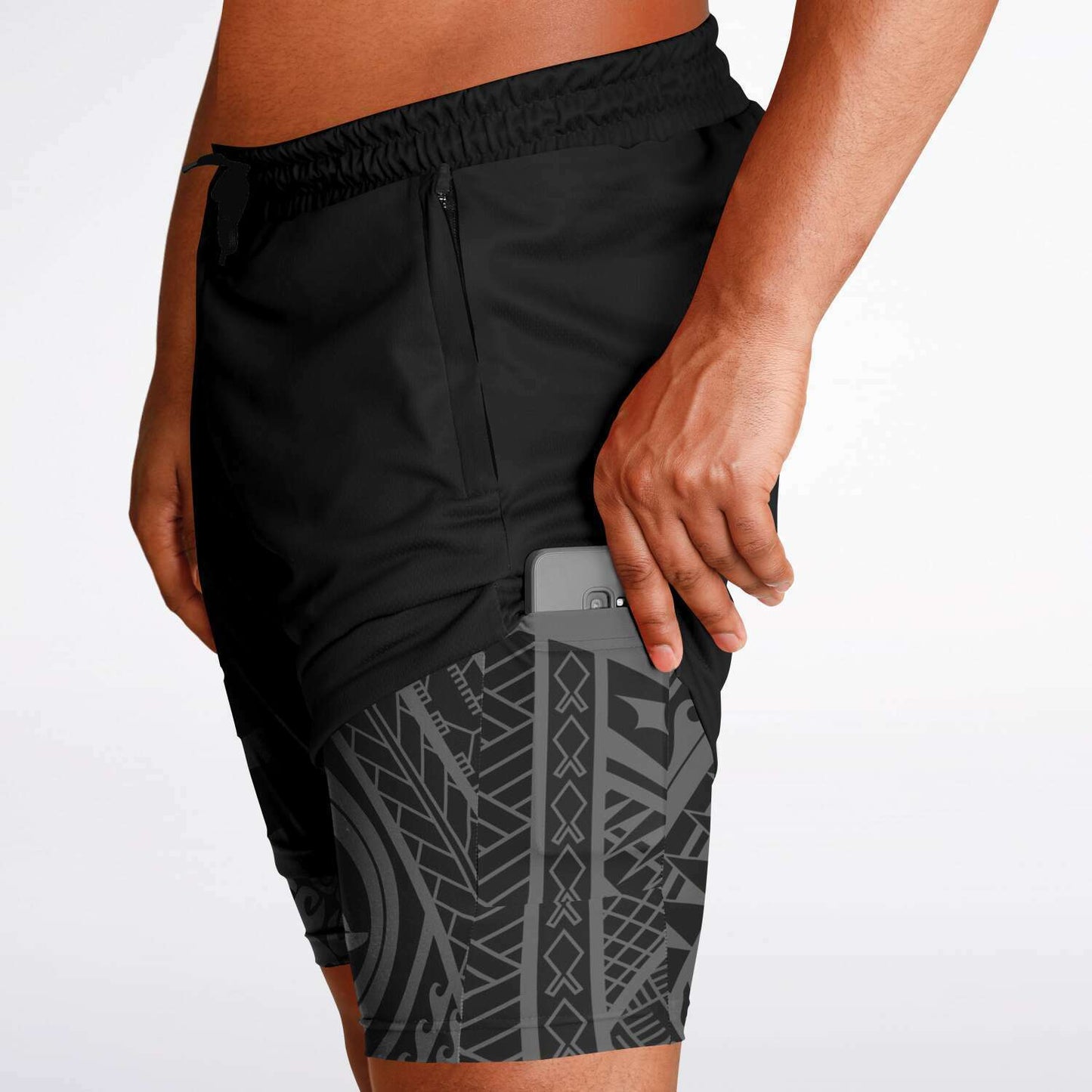 Guam Tribal Layer Black 2-in-1 Phone Pocket Active Shorts