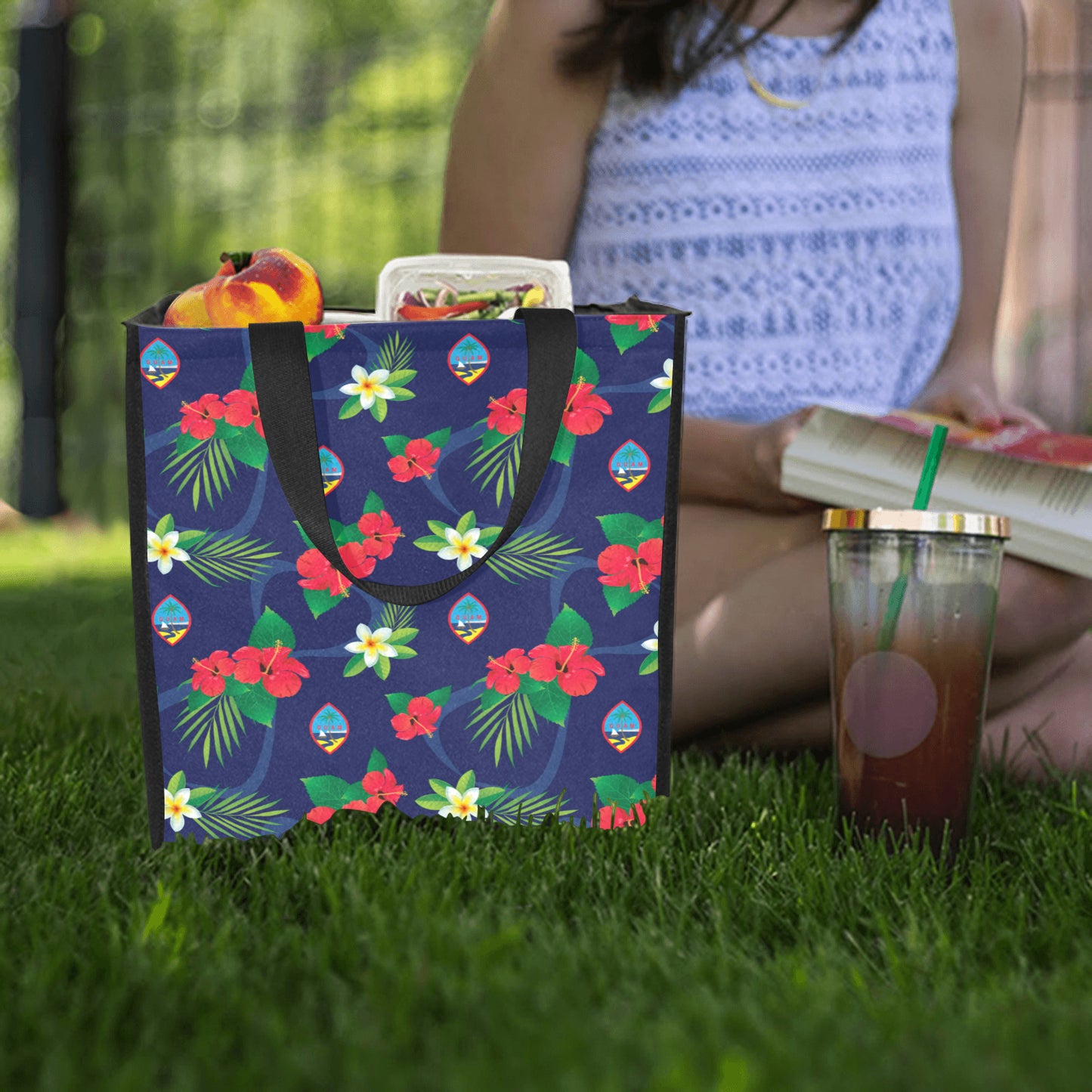 Guam Flag Flowers Balutan Large Picnic Tote Bag