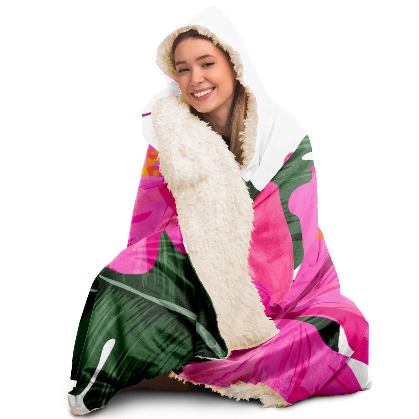 Guam Pink Hibiscus Paradise White Premium Sherpa Hooded Blanket