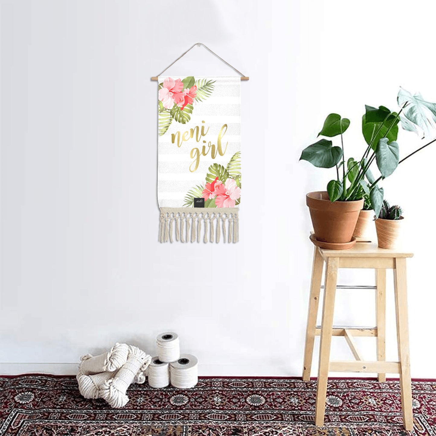 Neni Girl Hibiscus Striped Guam CNMI Linen Hanging Poster