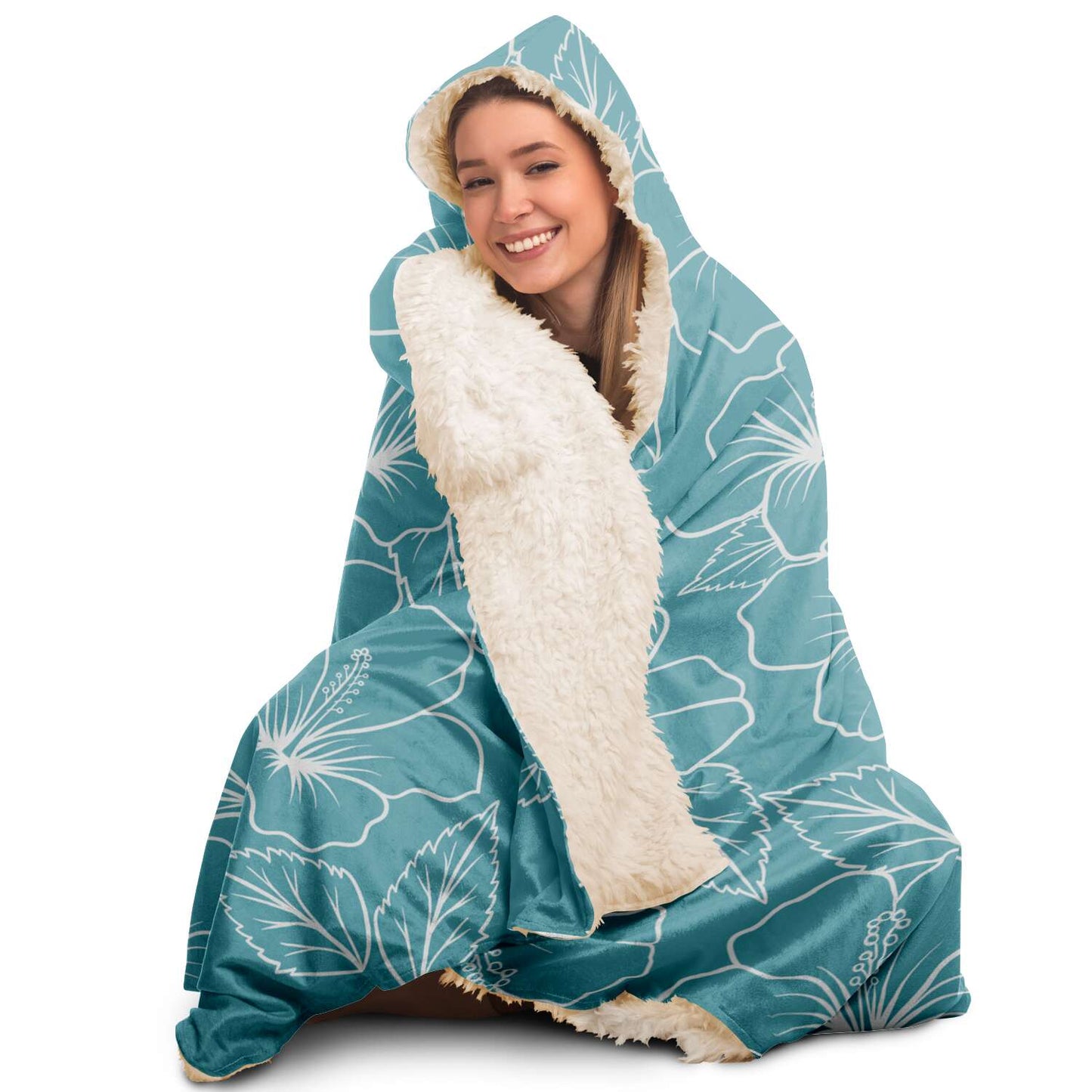 Guam Modern Hibiscus Teal Premium Sherpa Hooded Blanket