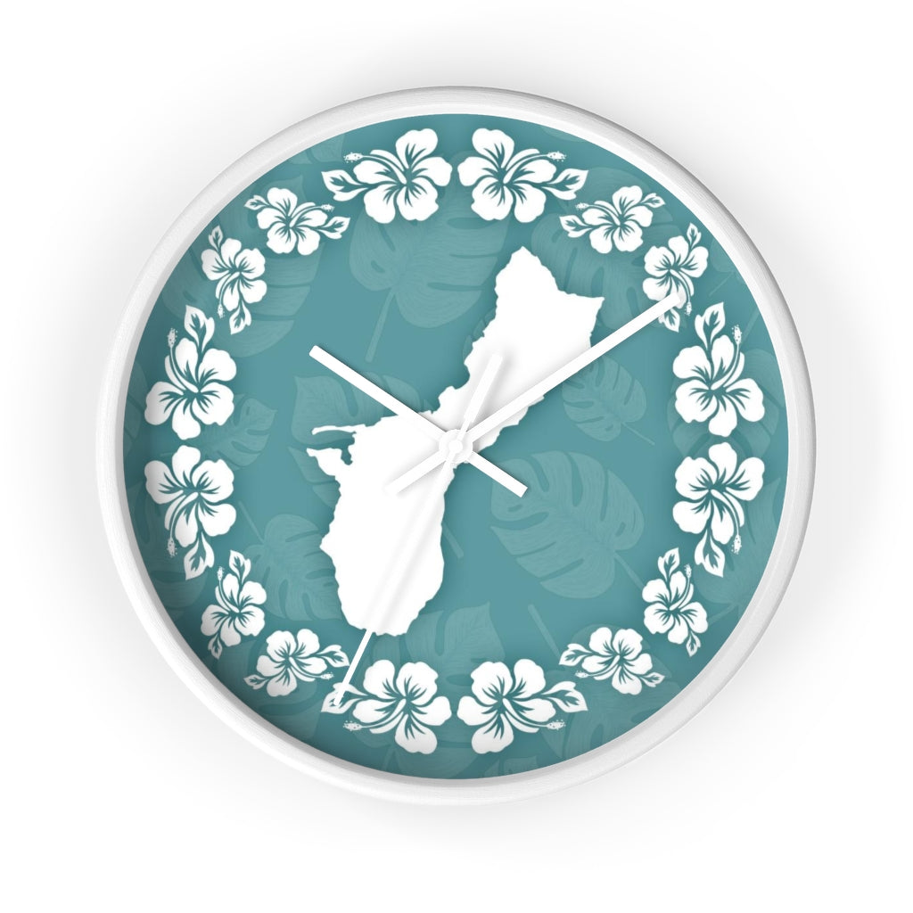 Guam Shape Teal Hibiscus Wall Clock