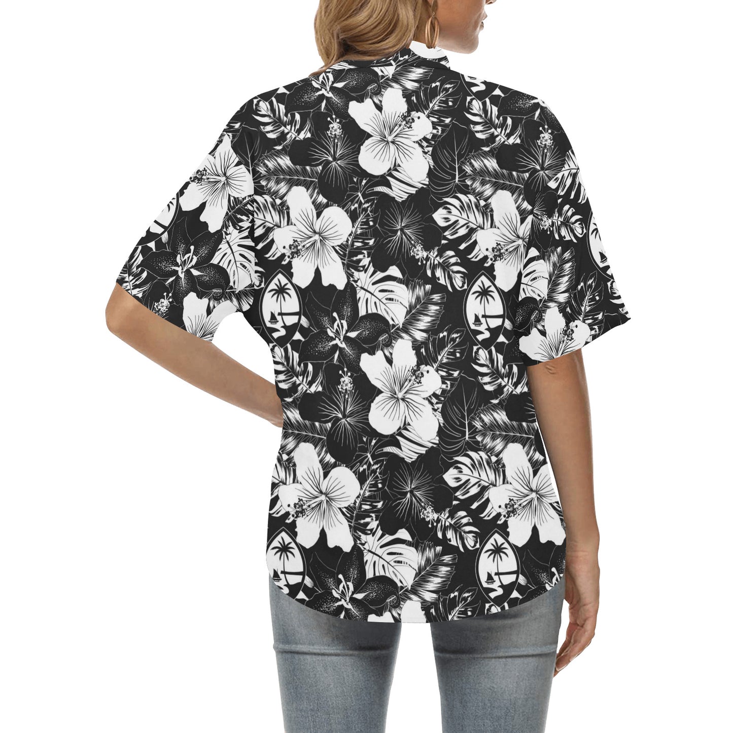 Guam Black Hibiscus Women's Button Down Hawaiian Shirt