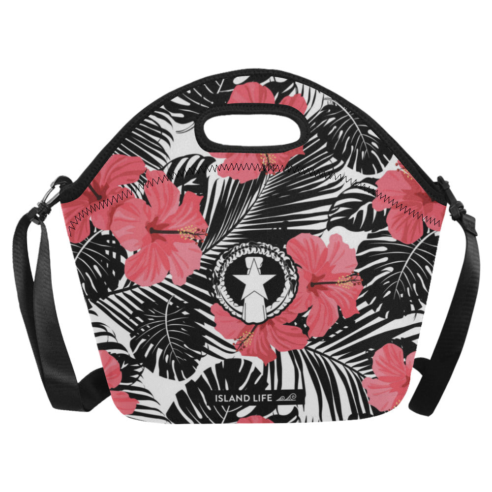 CNMI Pink Black Hibiscus Leaves Neoprene Lunch Bag Large