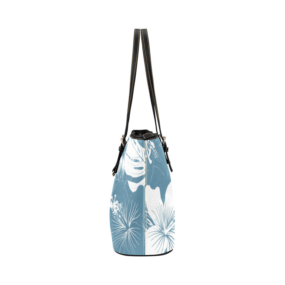 Guam Hibiscus Floral Slate Blue Large Leather Tote Purse