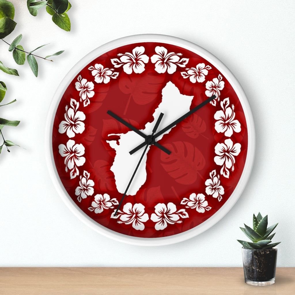 Guam Shape Red Hibiscus Wall Clock