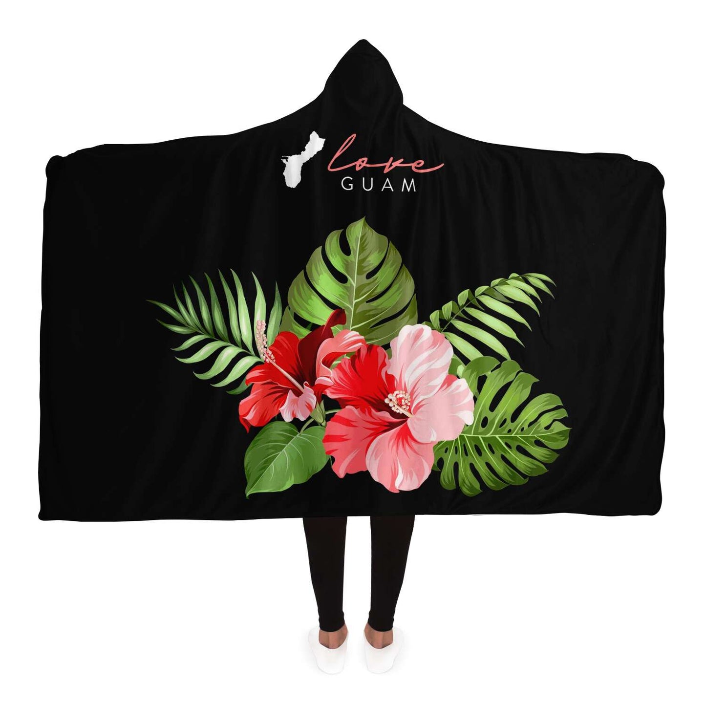 Love Guam Red Hibiscus Premium Sherpa Hooded Blanket