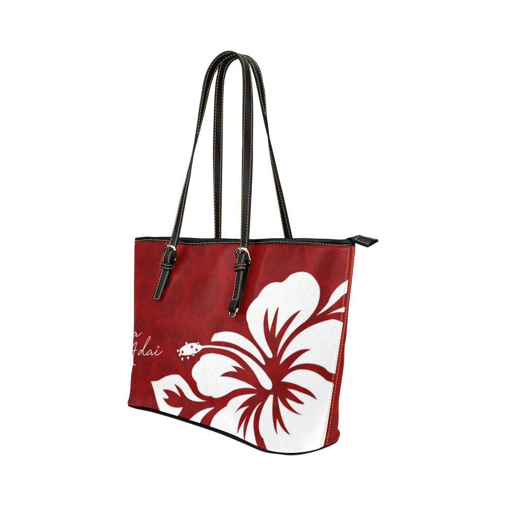 Hafa Adai Guam CNMI Dark Red Hibiscus Large Leather Tote Purse