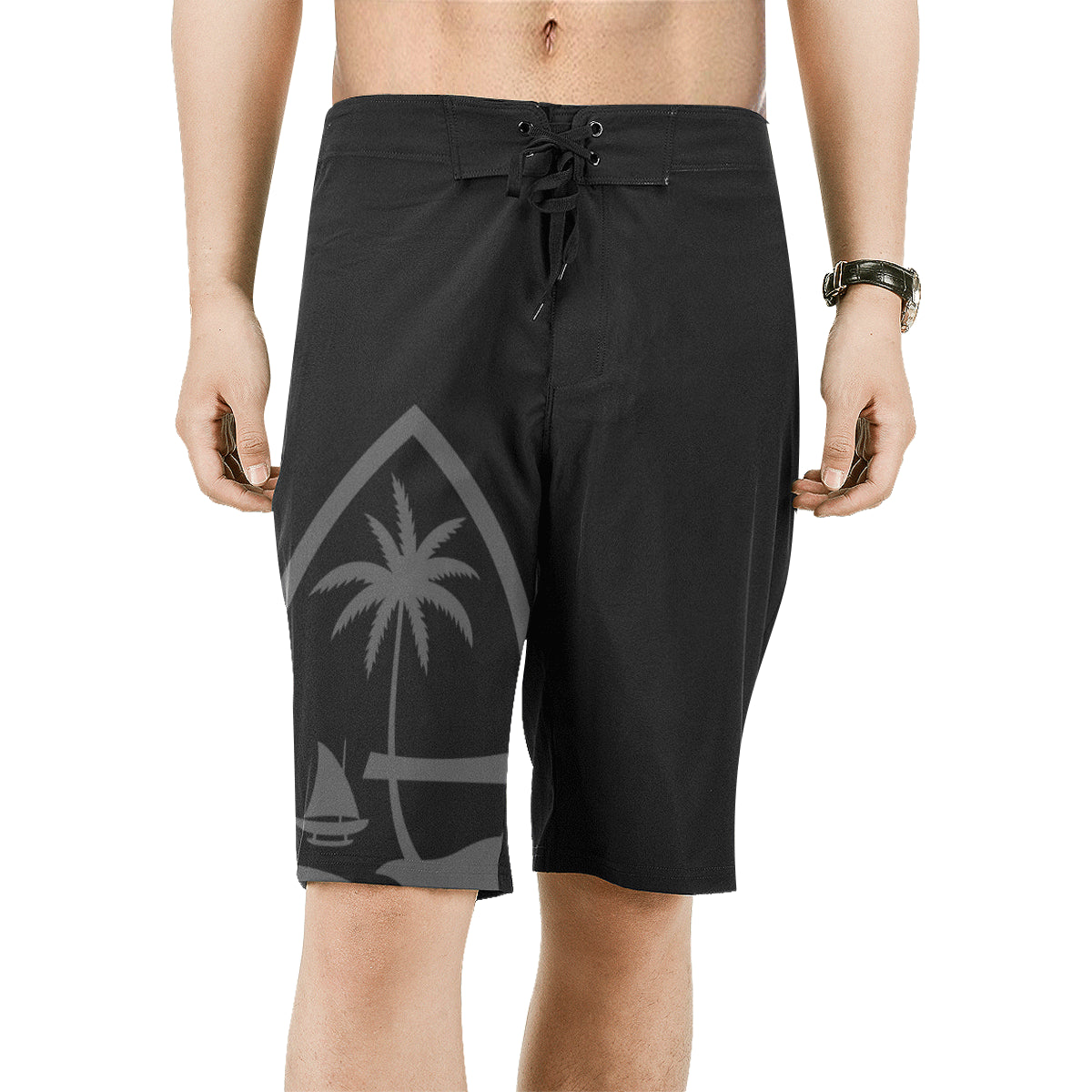 Guam Seal Mens Black All Over Print Board Shorts