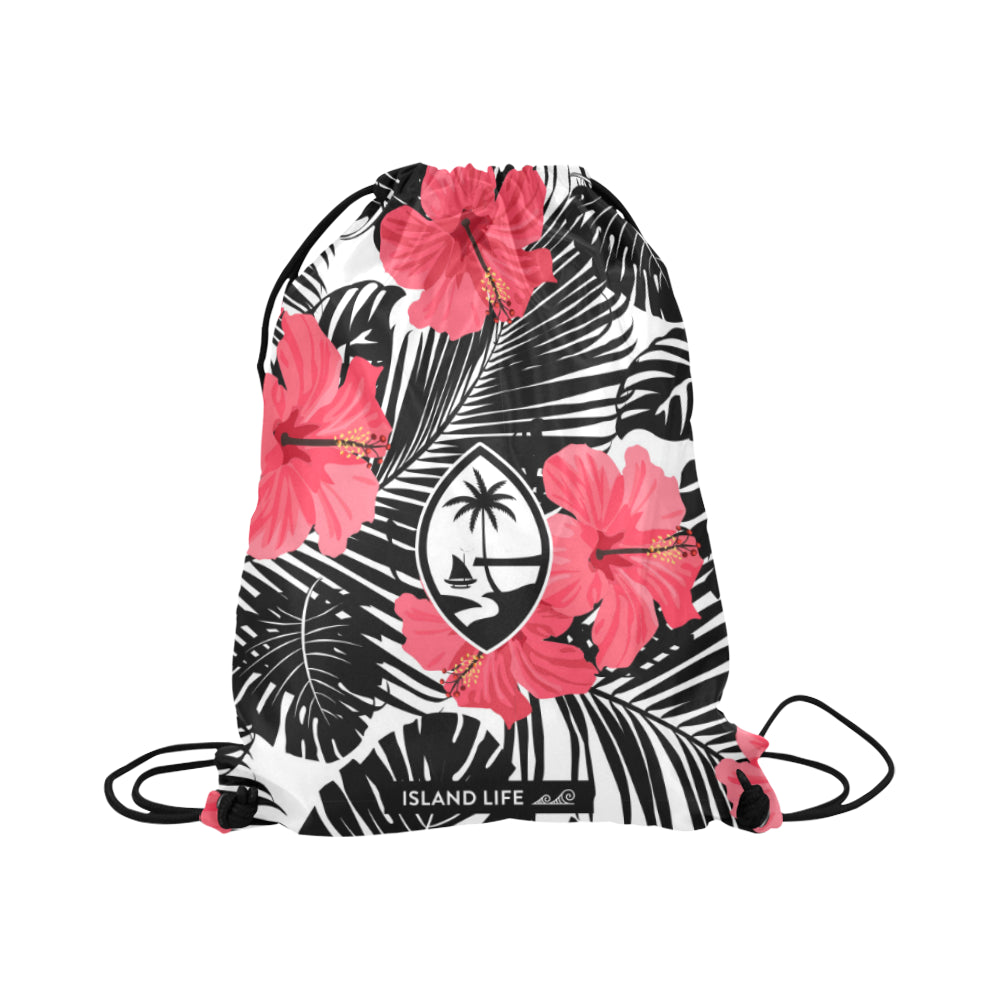 Guam Pink Black Hibiscus Large Drawstring Bag