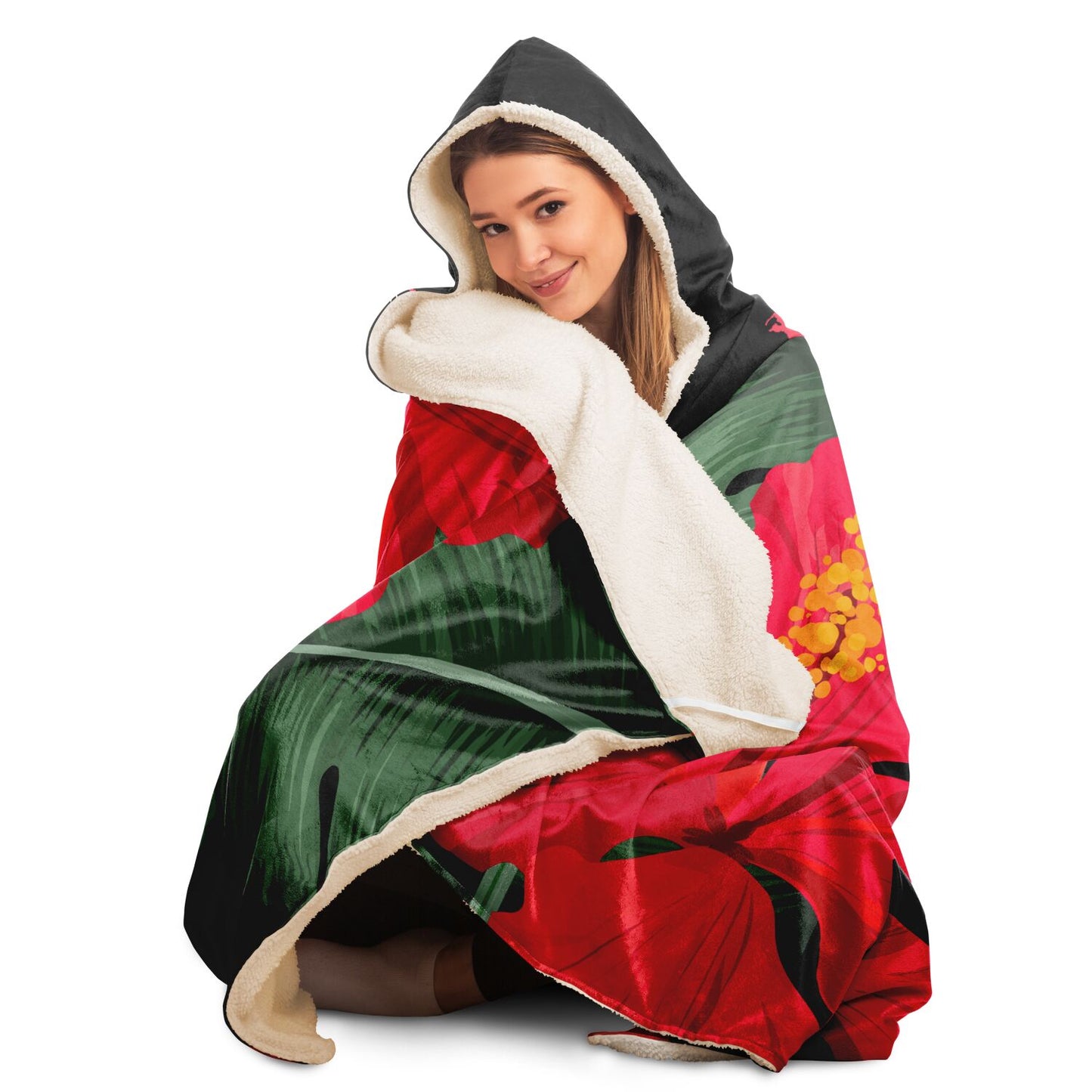 Guam Red Hibiscus Paradise Black Premium Sherpa Hooded Blanket