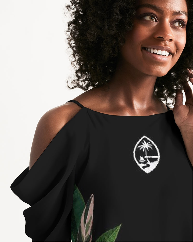 Guam Plumeria Flowers Black Women's Open Shoulder A-Line Dress