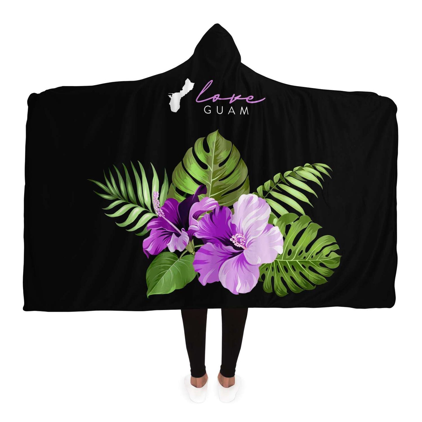 Love Guam Purple Hibiscus Premium Sherpa Hooded Blanket