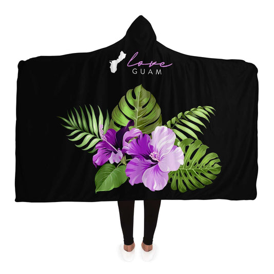 Love Guam Purple Hibiscus Premium Sherpa Hooded Blanket