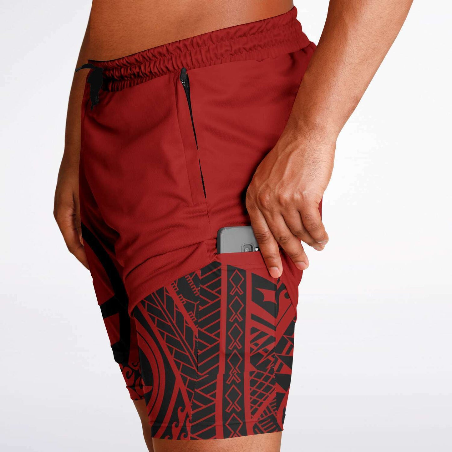Guam Tribal Layer Red 2-in-1 Phone Pocket Active Shorts