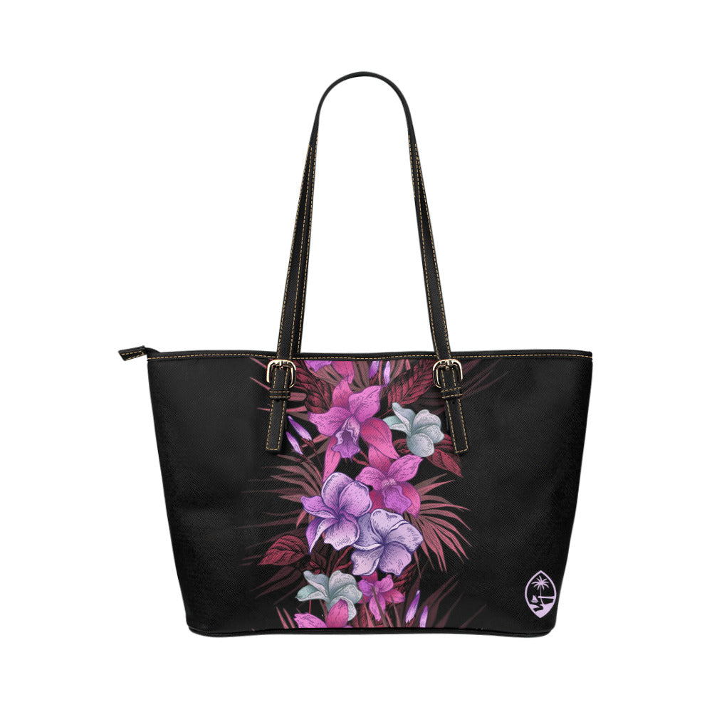 Guam Vintage Purple Hibiscus Medium Leather Tote Purse