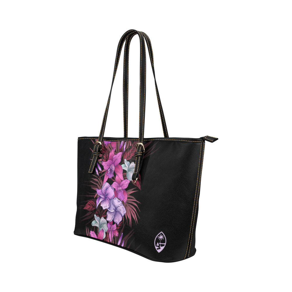 Guam Vintage Purple Hibiscus Large Leather Tote Purse