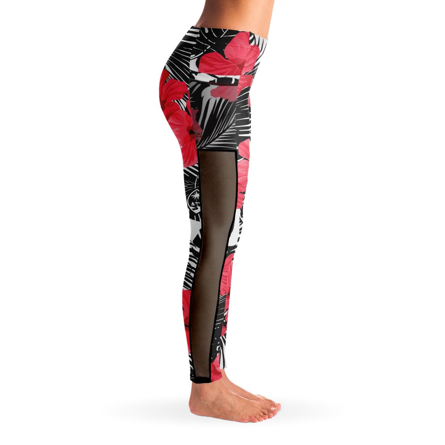 Guam Pink Black Hibiscus Mesh Leggings