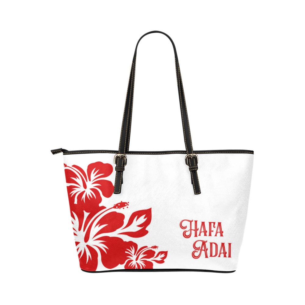 Hafa Adai Red and White Hibiscus Guam Tinian Saipan Rota Leather Tote Purse