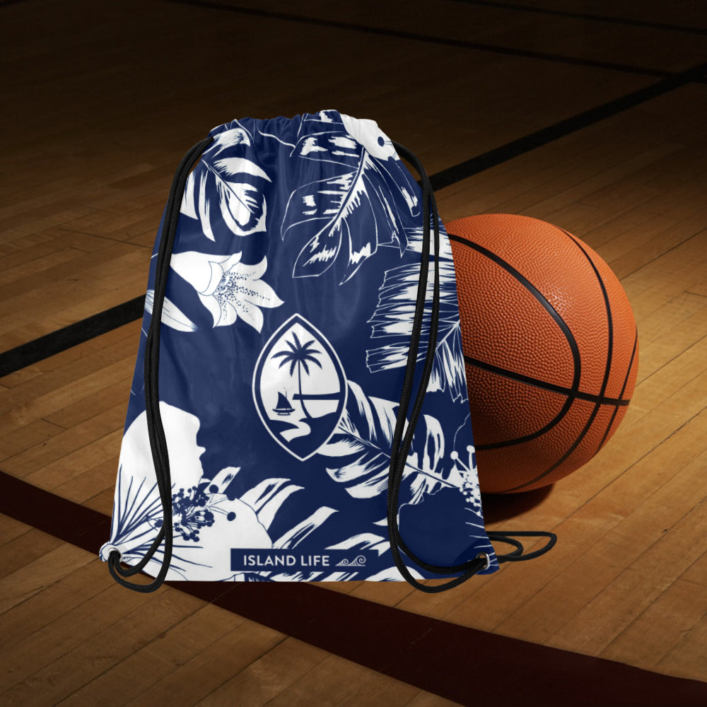 Guam Blue Floral Large Drawstring Bag