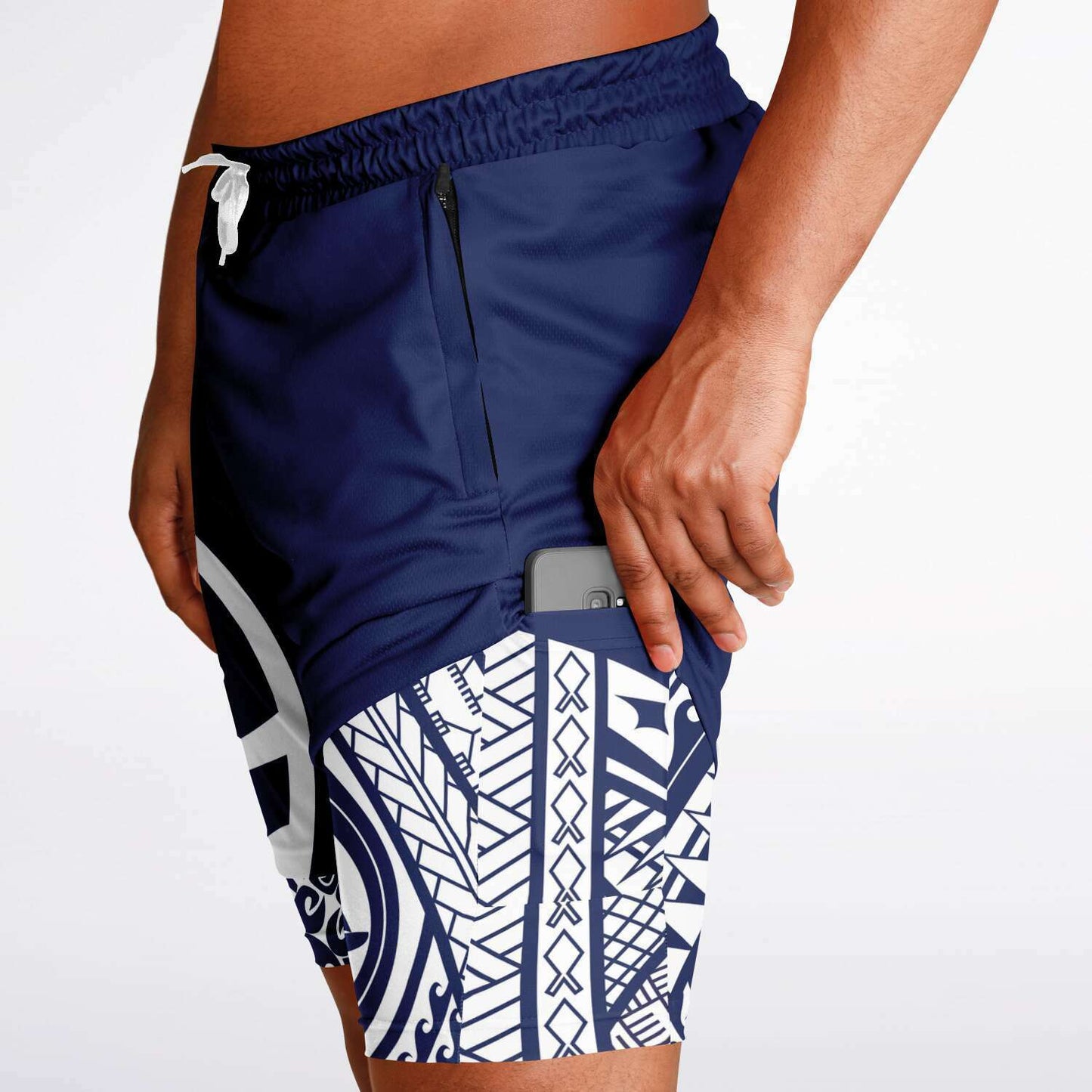 Guam Tribal Layer Blue 2-in-1 Phone Pocket Active Shorts