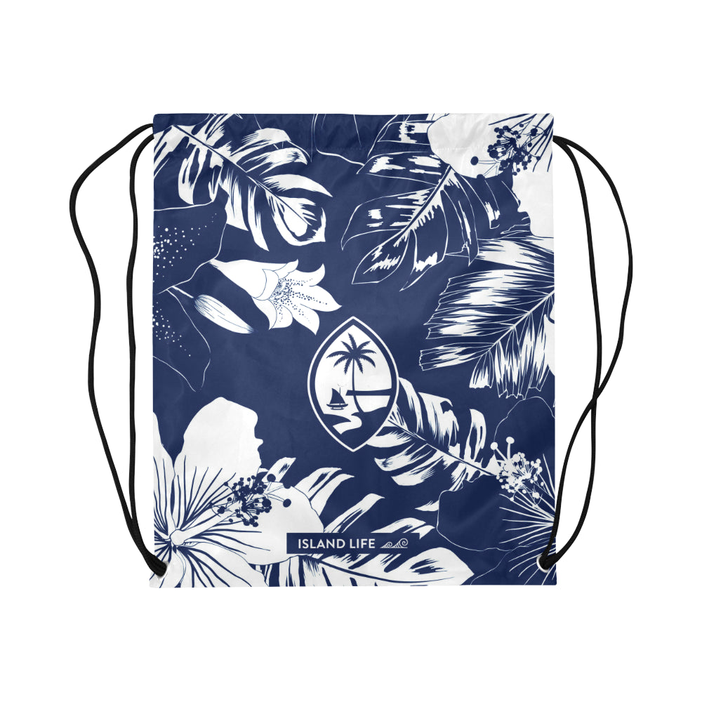 Guam Blue Floral Large Drawstring Bag