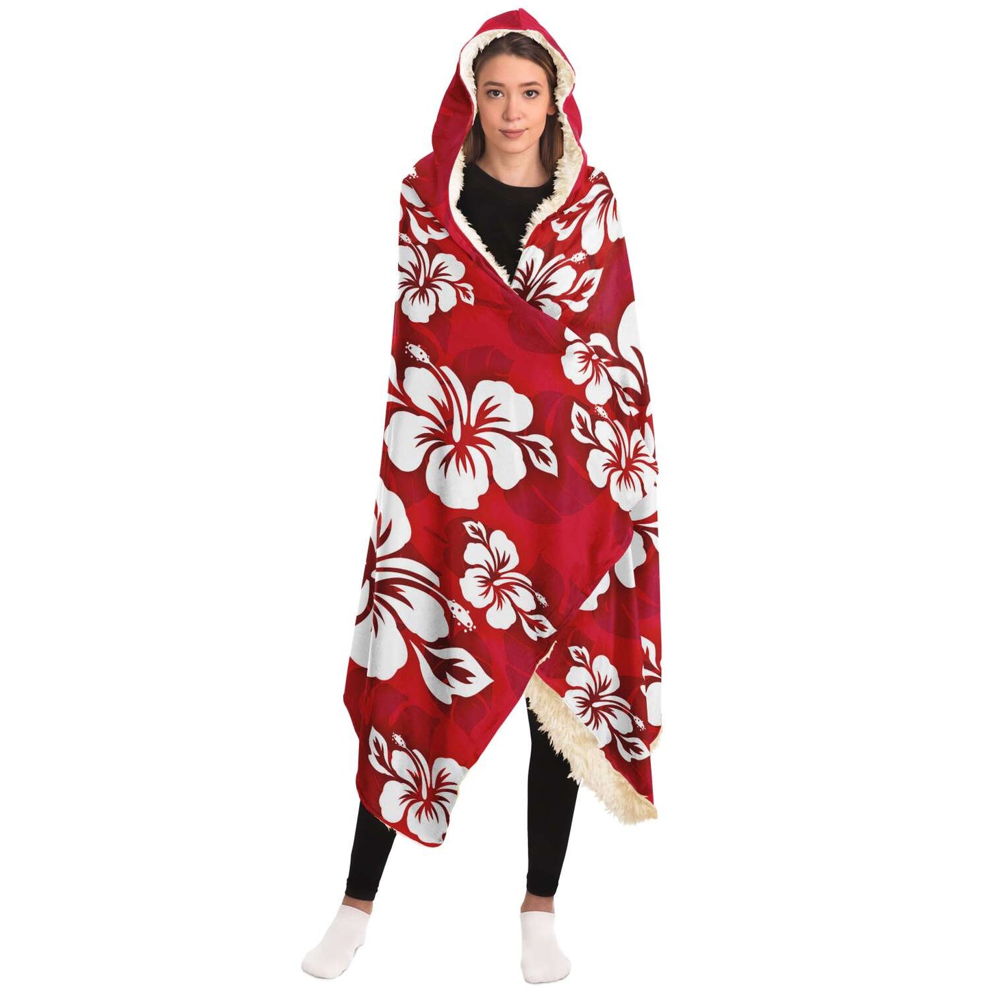 Guam Classic Red Hibiscus Premium Sherpa Hooded Blanket