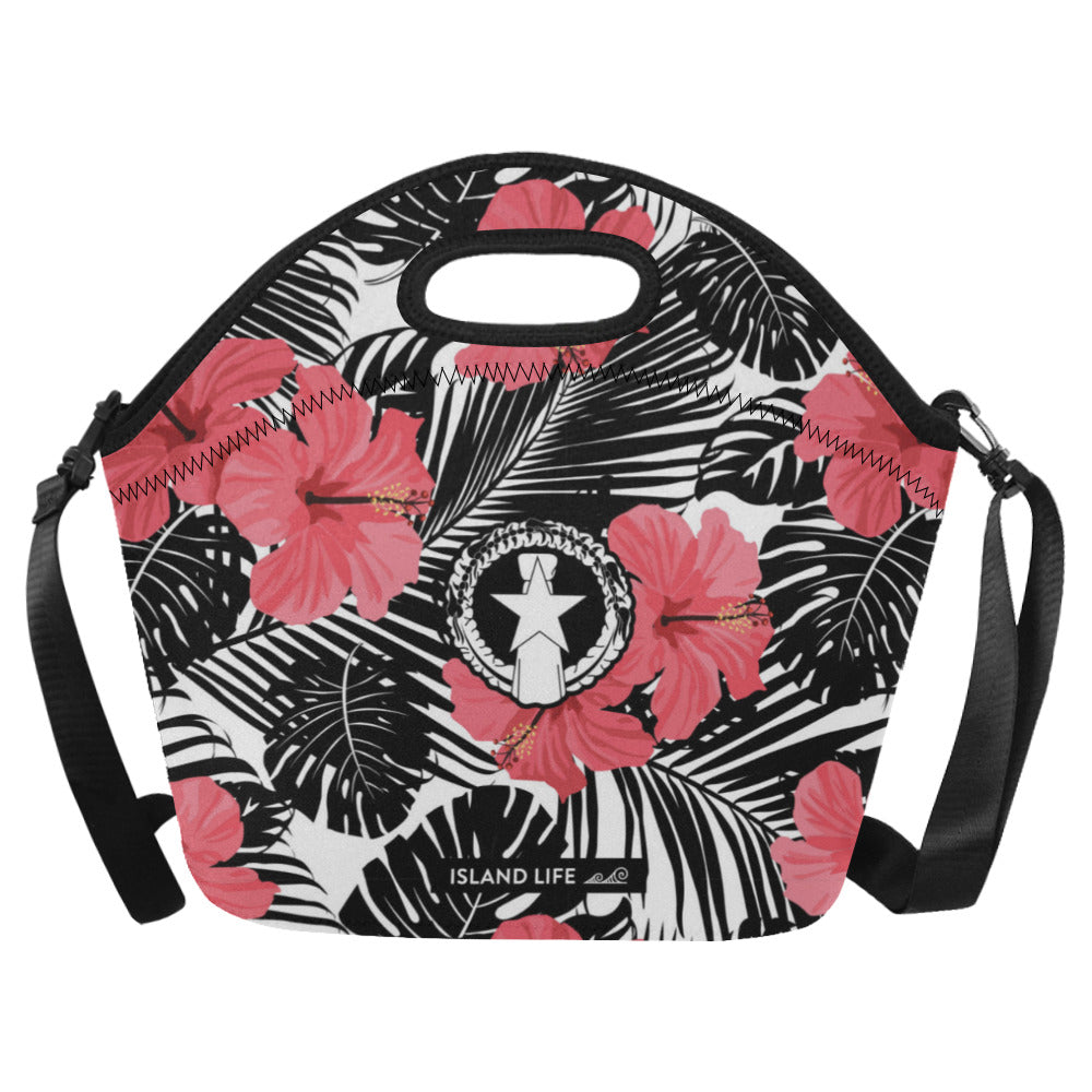 CNMI Pink Black Hibiscus Leaves Neoprene Lunch Bag Large