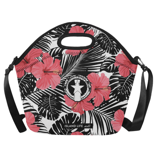 CNMI Pink Black Hibiscus Leaves Neoprene Lunch Bag Large