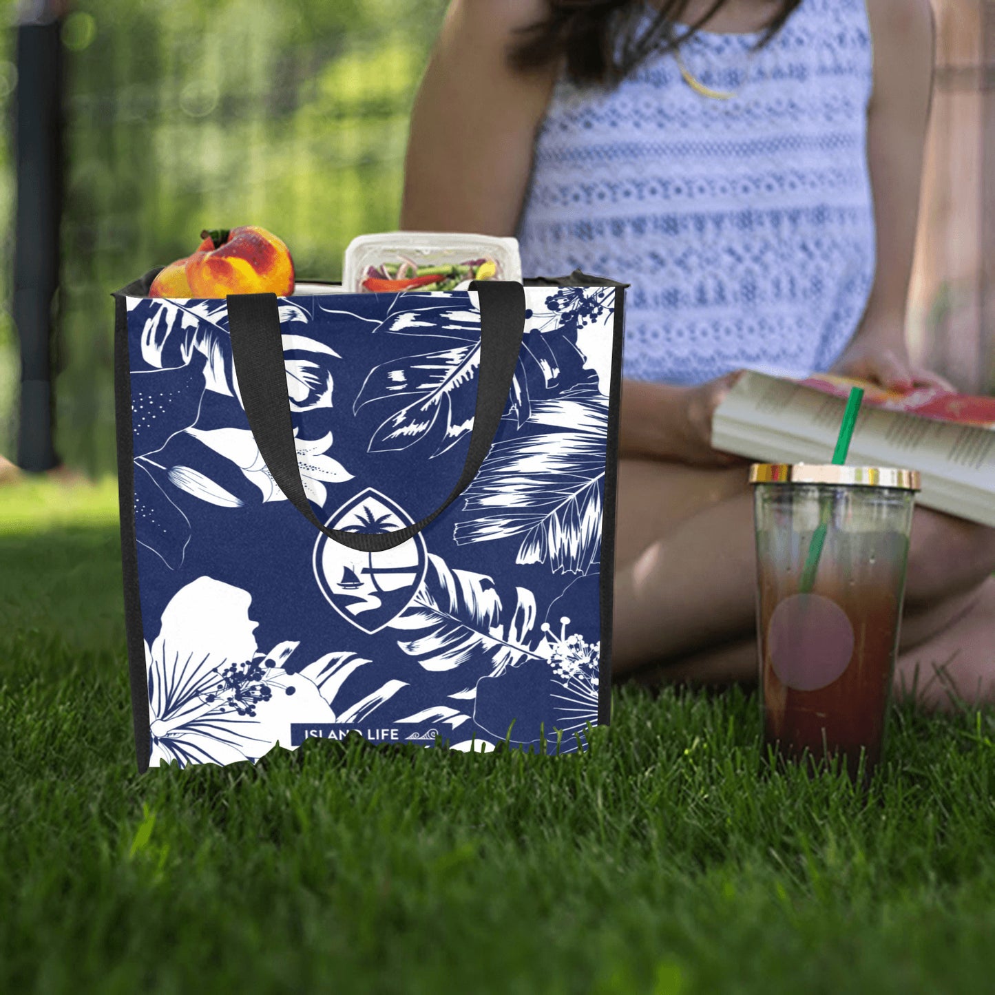 Guam Blue Floral Balutan Large Picnic Tote Bag