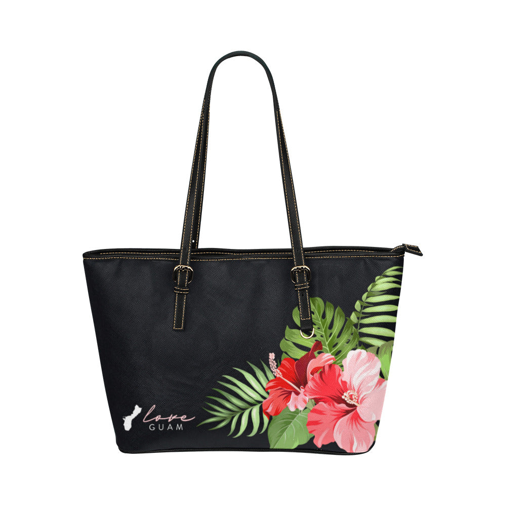 Love Guam Hibiscus Black Large Leather Tote Purse