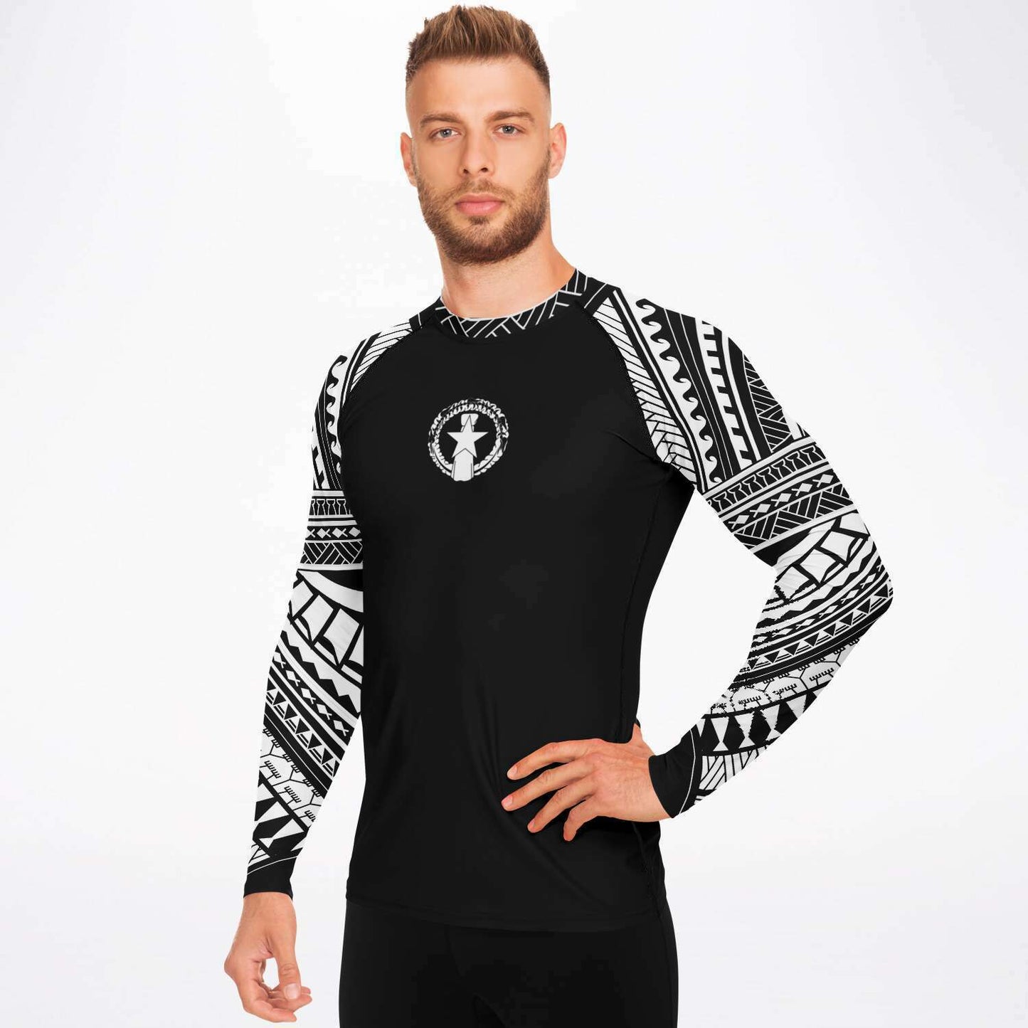 CNMI Tribal Men's Black White Rashguard